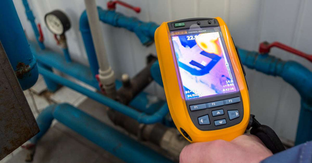 An energy auditor's hand holds a thermal imaging inspection camera, training it on a set of pipes to detect escaping heat.